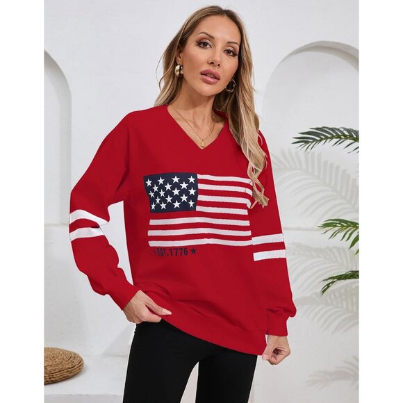 Women’s Oversized V-Neck Sweatshirt Cotton Blend Casual Patriotic Top - Picture 4 of 8
